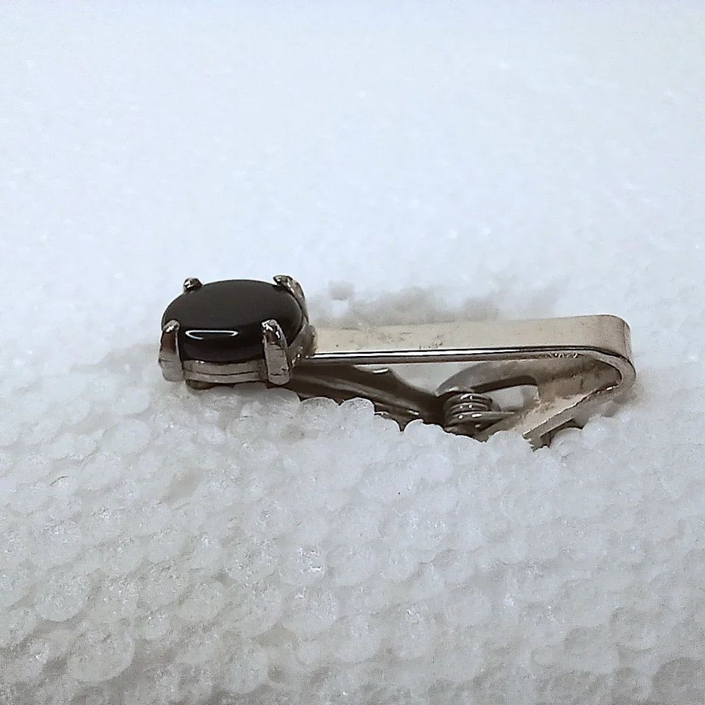 Silver Tie Clip Onyx Natural Black Onyx, Elegant Classic Timeless Vintage